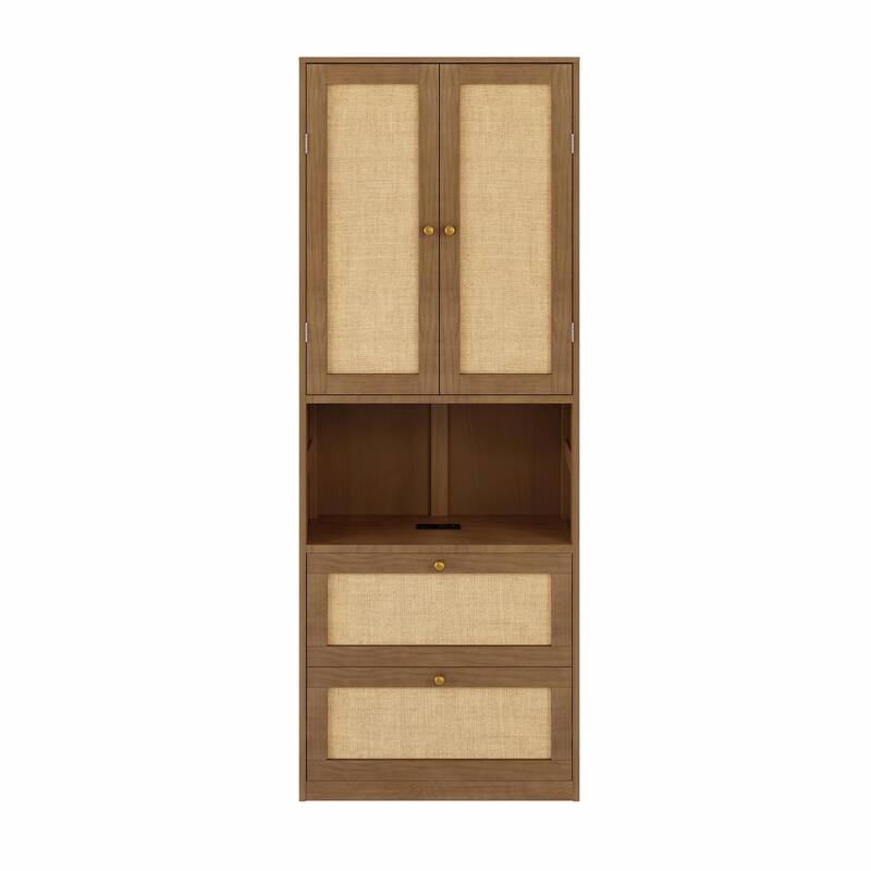 2-Door Bookshelf with USB Port and 3 Drawers, Side Cabinet Storage Shelves