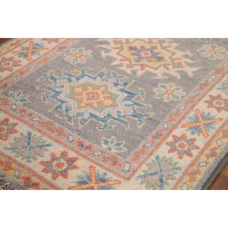Gray Geometric Kazak Oriental Rug Handmade Wool Carpet - 2'0" x 3'0"