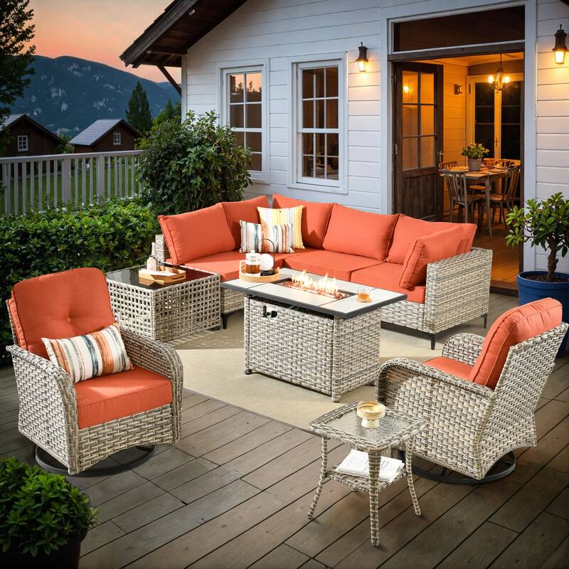 OVIOS 9 Pieces Outdoor Wicker Swivel Chair Set With Fire Table