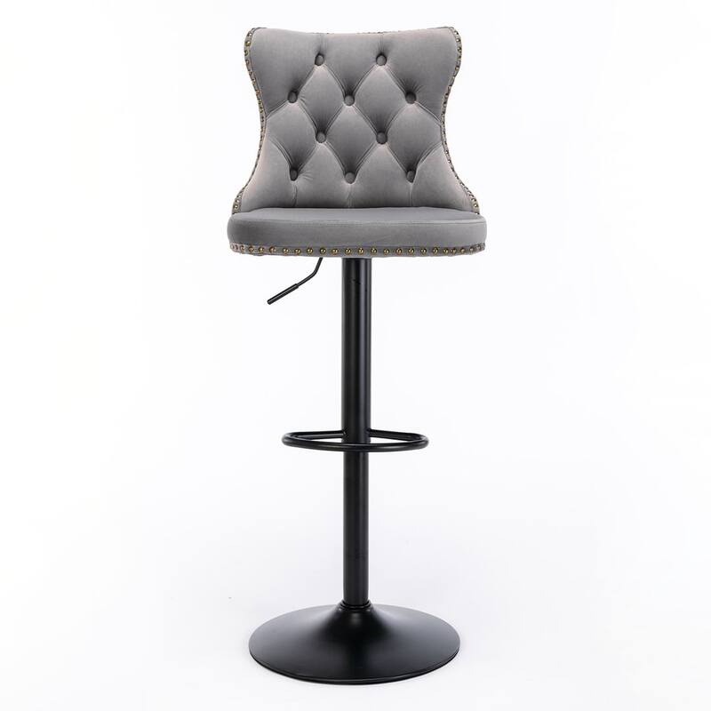 Bar stools with Backs Luxurious Velvet Swivel - Adjustable Height, Set of 2 - Black + Grey 