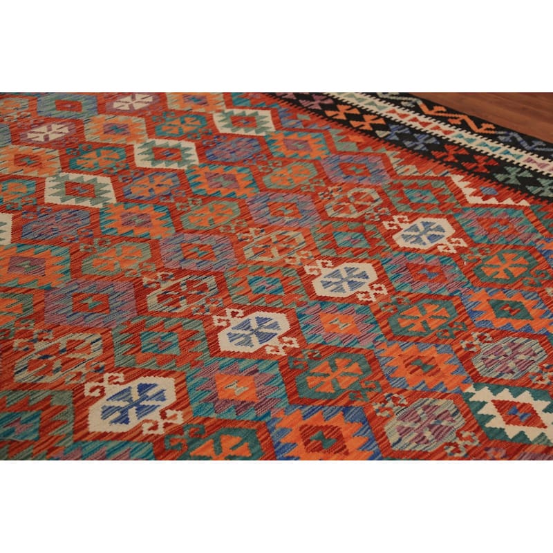 Reversible Orange Kilim Oriental Area Rug Flatweave Wool Carpet - 10'1" x 12'9"