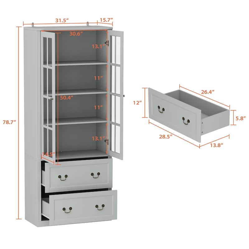 China Cabinet Tempered Glass Doors Storage Cabinet White Tall Bookcase