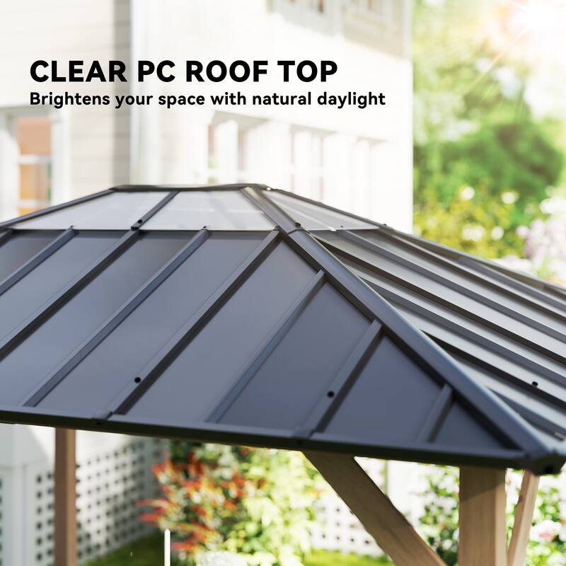 Outsunny 10' x 12' Hardtop Gazebo with Galvanized Steel Roof, Wood Permanent Pavilion Canopy Shelter with Clear Roof Top