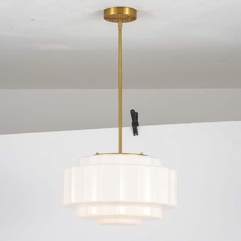 3-Light Mid-Century Modern Brass Tiered Milk Glass Pendant for Dining Room - 15.7 in. W x 7.1 in. H - 15.7 in. W x 7.1 in. H - Gold