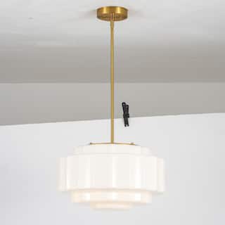 3-Light Mid-Century Modern Brass Tiered Milk Glass Pendant for Dining Room - 15.7 in. W x 7.1 in. H