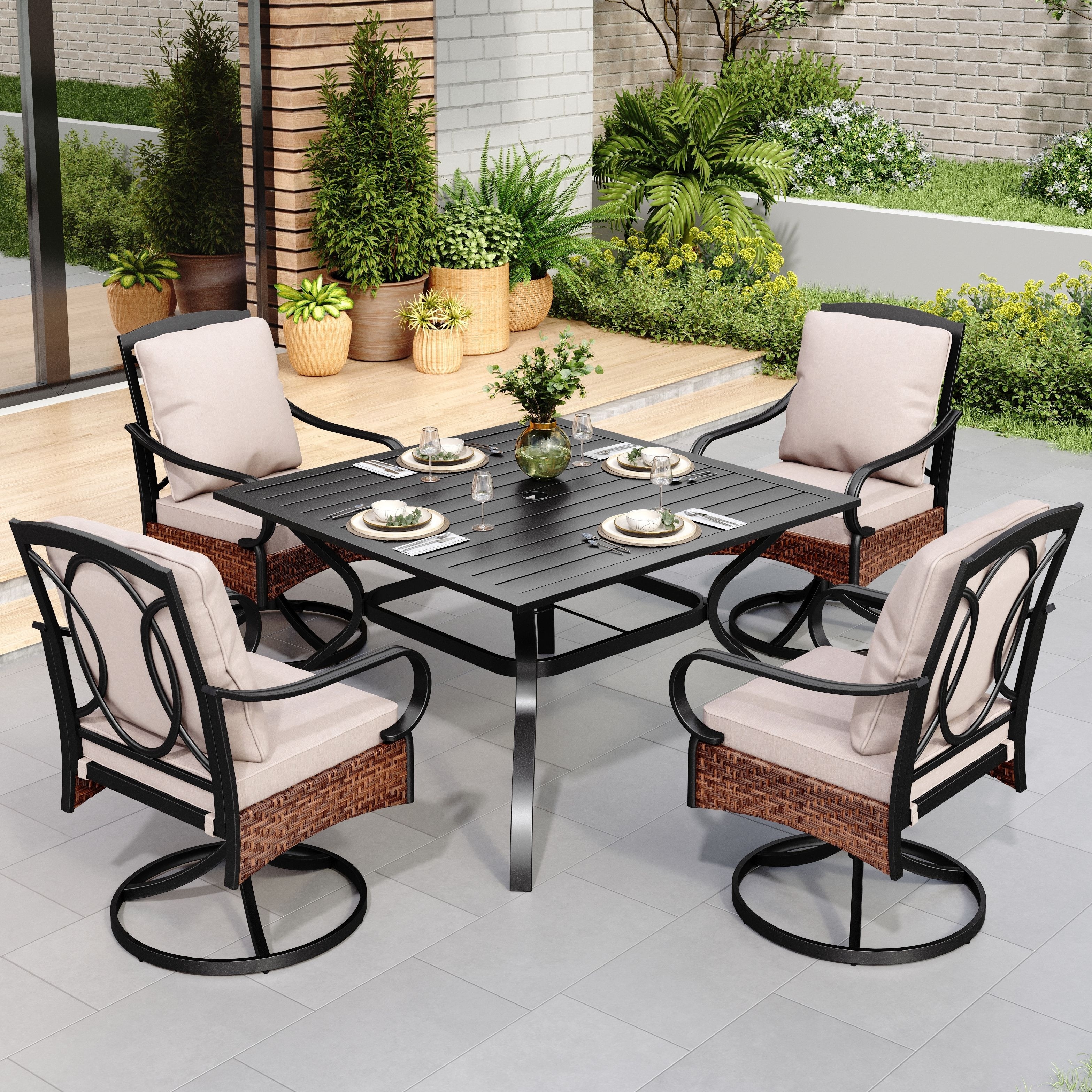 MAISON ARTS Oversized 5 Pieces Metal Patio Dining Set with 4 Padded Chairs and Square Table