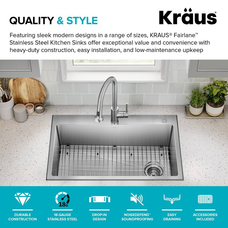 KRAUS Fairlane Drop In Top Mount 18 Gauge Stainless Steel Kitchen Sink