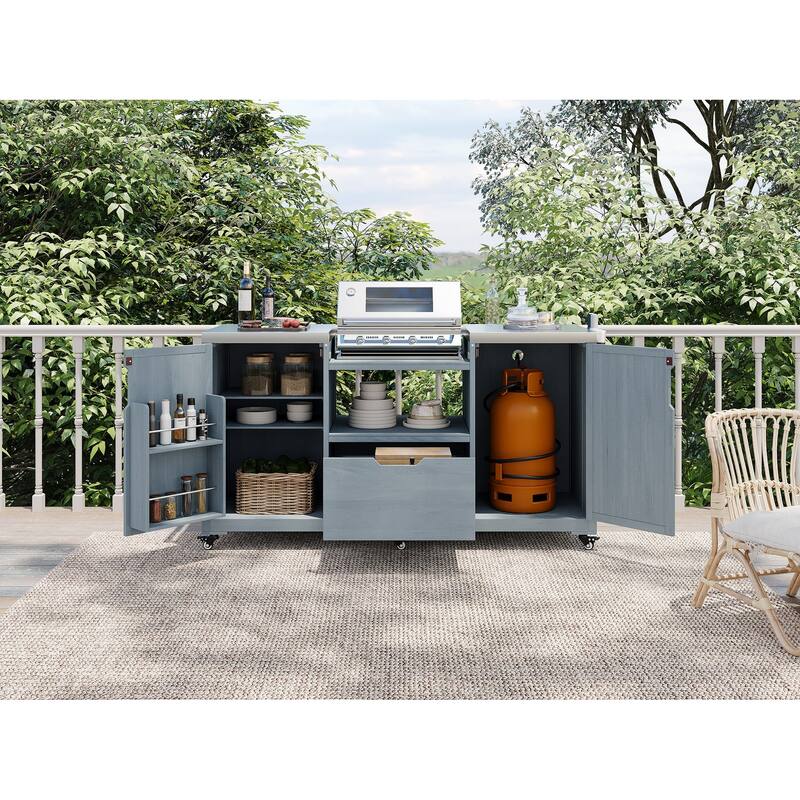 66.5" Outdoor Kitchen Island for Big Green Egg Grills,Solid Wood Outdoor Grill Cart for Tabletop Grill with Stainless Steel Top
