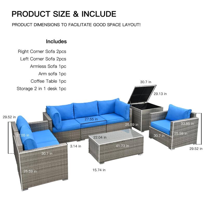8-Pieces Wicker Outdoor Sectional Set with Glass Coffee Table and Cushions