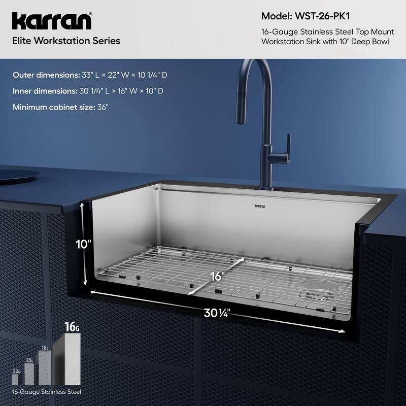 Karran Elite WST-26-PK1 Top Mount 33" Single Bowl Stainless Steel Workstation Kitchen Sink with Right Drain