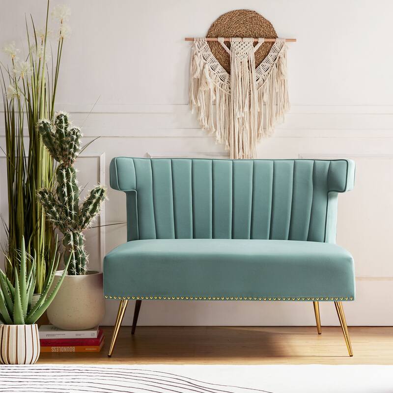 Aeneas 46"in. Modern Velvet Wingback Tufted Nailhead Trim Loveseat with Metal Adjustable Legs by HULALA HOME