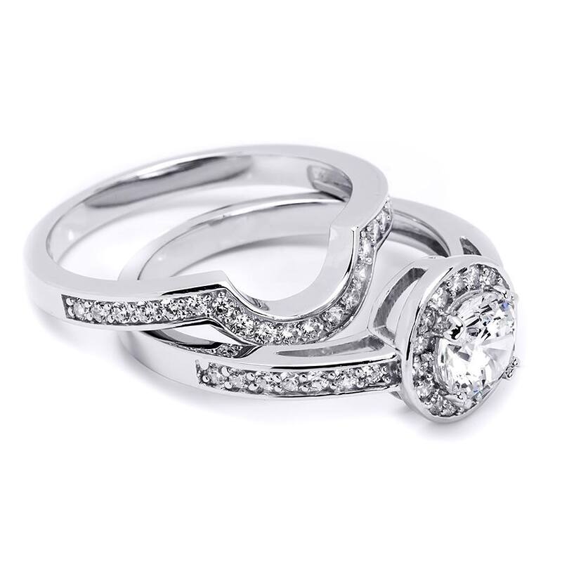 Womens 1.0 Ct Wedding Band Engagement Ring Set Round Cut Solid Silver
