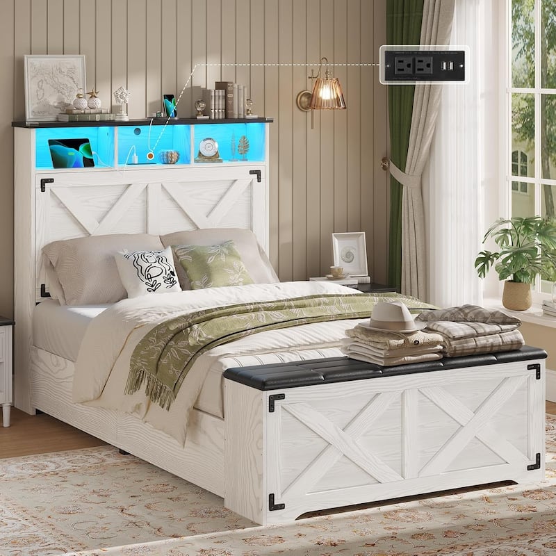 Bed Frame with Storage Ottoman Charging Station and Led Light