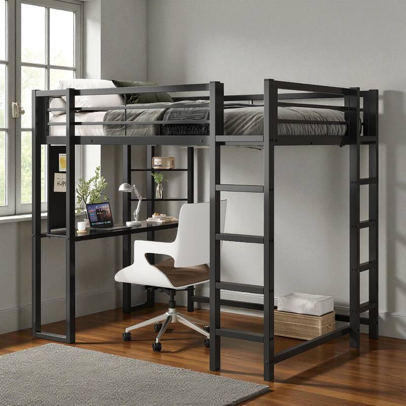 Full Size Metal Loft Bed with Desk, Storage Shelves & Guardrails, Space-Saving Workstation Loft Frame for Teens & Adults - Black - Full