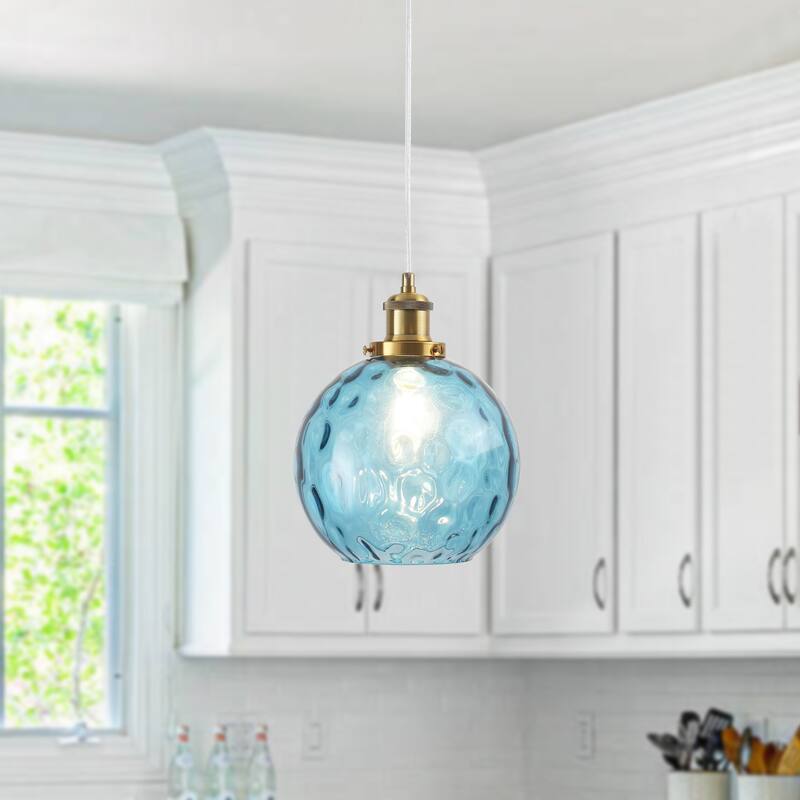 1-Light Glam Modern Metal Hanging Foyer Pendant Light with Glass Shade for Kitchen Island - Blue