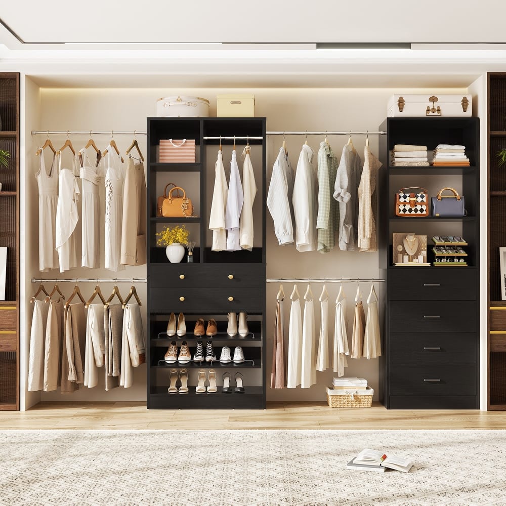 Set of 2 Closet Organizer System with Wood Drawers, Amoire Wardrobe with Hanging Rods