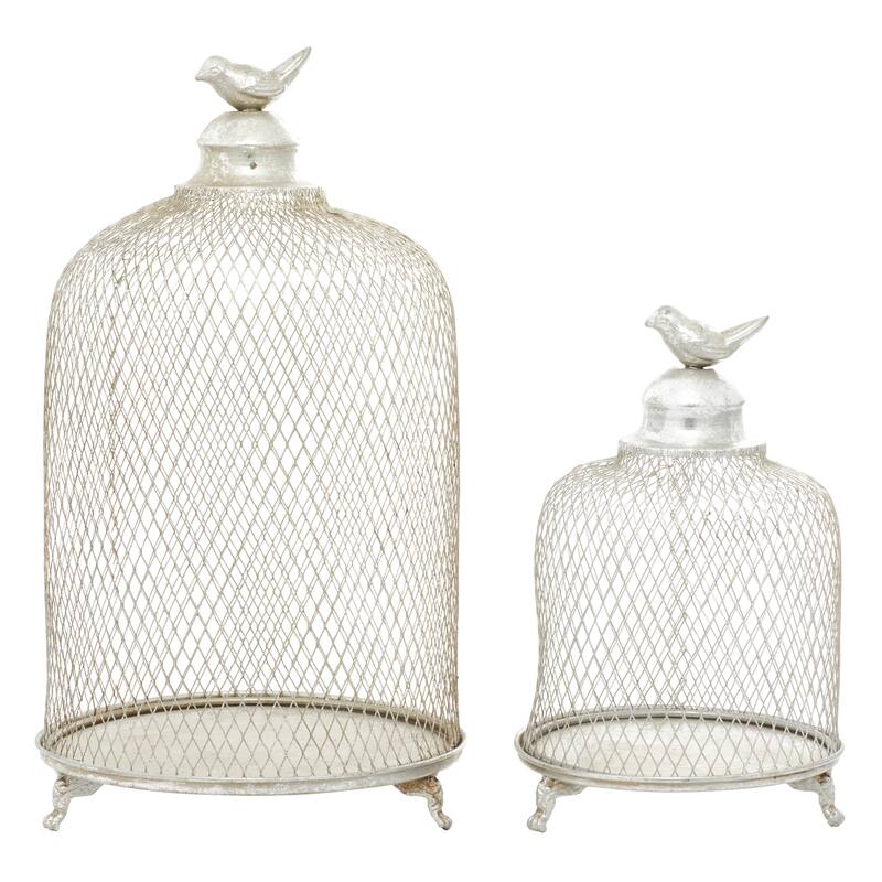 Metal Bird Cage Style Cloche Decorative Candle Lantern with Elevated Stand - Set of 2 Silver - Roche River Decor