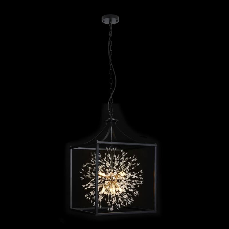 8-Light Mid-Century Modern Square Caged Linear Crystal Chandelier Sputnik Starburst Pendant Light