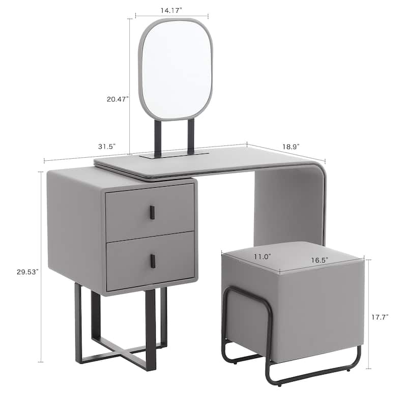 FUKAYI Faux Leather Makeup Vanity Desk Set with Stool Small Vanity Makeup Mirror Desk