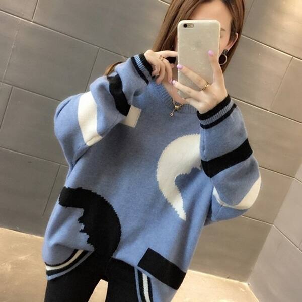 Shop New Loose Korean Women S Clothing Colorblock Round Neck Long