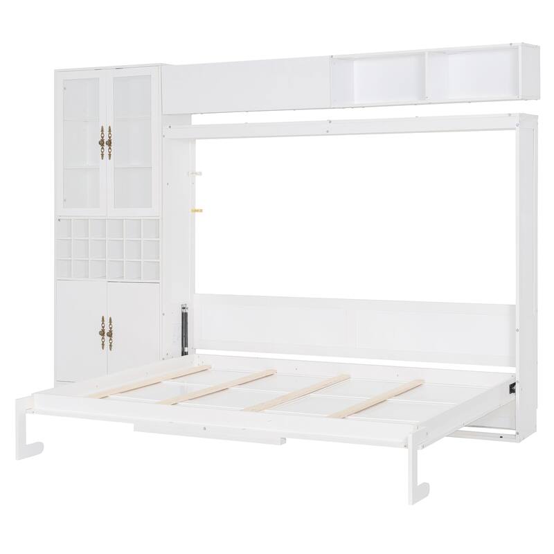 Queen Size Wall Bed with Sofa, Shelves, USB & Light, Space-Saving Design, Easy Storage, White