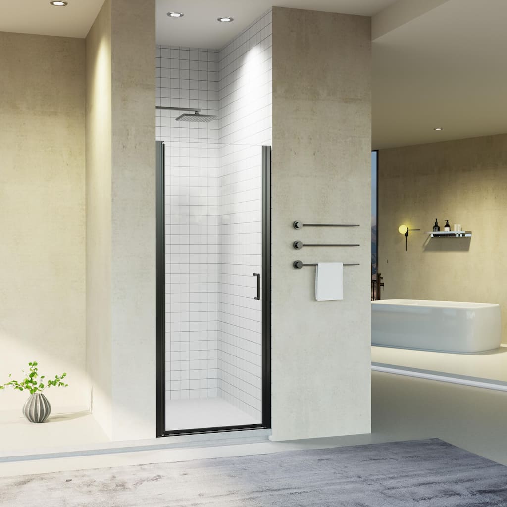 30/32/34" W x 72" H Semi-Frameless Pivot Shower Door, 6mm Tempered Glass, Matte Black Reversible Swing Panel