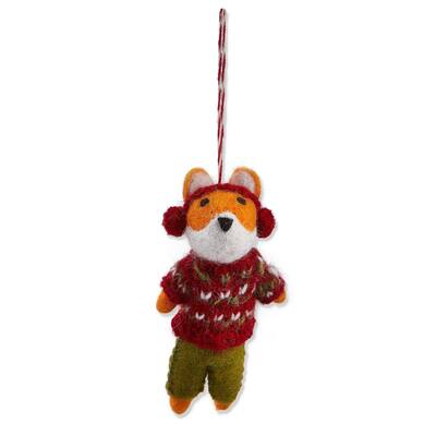 Multicolor Fox Ornament with Earmuffs and Vest for Christmas Tree 5 in H x 2.5 in L x 1 in W Wool Wipe Clean