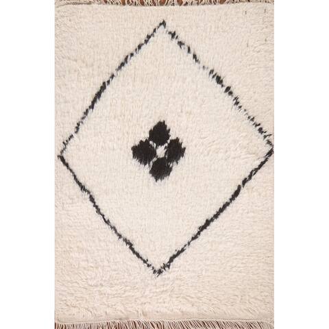Ivory Tribal Geometric Moroccan Oriental Rug Hand-knotted Wool Carpet - 2'0" x 3'0"