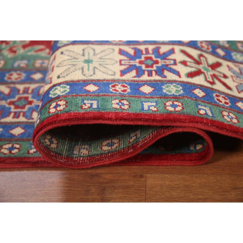 Hand Knotted Oriental 100% Wool Carpet Traditional Geometric Red Kazak Area Rug - 9' 7'' X 6' 7''