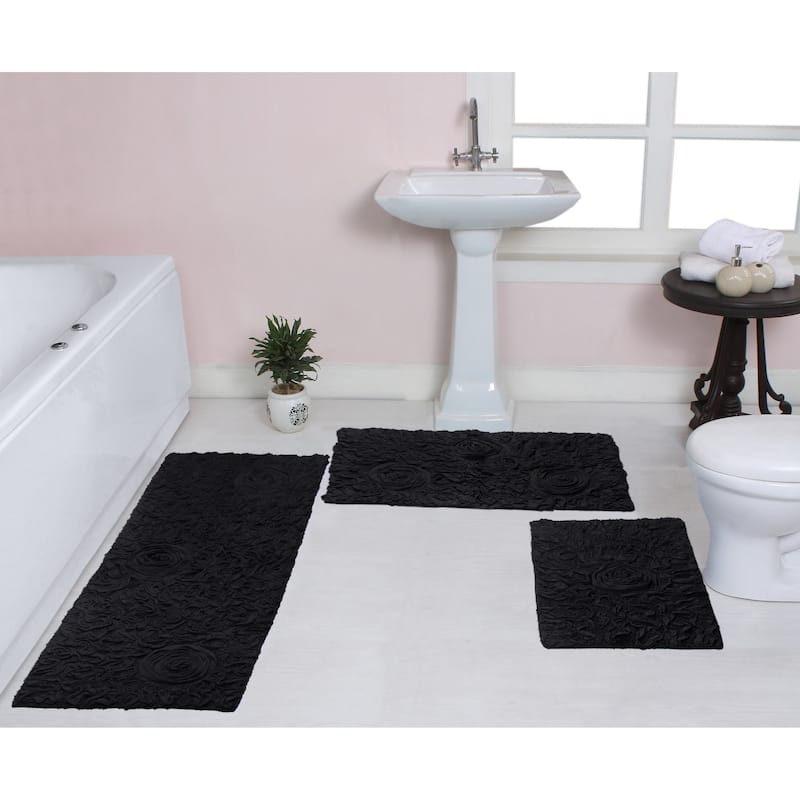 Bell Flower Collection 100% Cotton Non-Slip Bathroom Rug Set, Machine Washable Bath Rug, 3 Piece Set with Runner Rug - Black