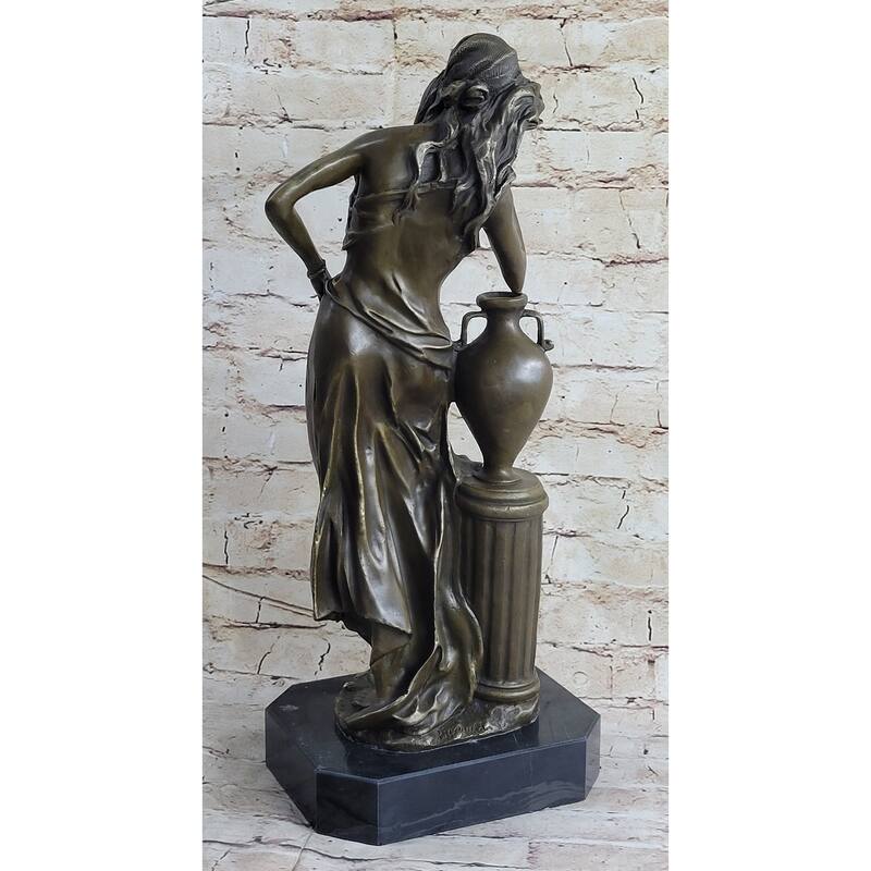 Signed Beautiful Maiden Ponders Leaning Against Vase Bronze Figurine Sculpture
