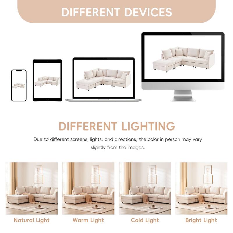 Modular L-Shaped Sectional Sofa with Movable Ottoman, 5 Seat Corner Couch with Throw Pillows, Comfy Cloud Upholstered Sofa