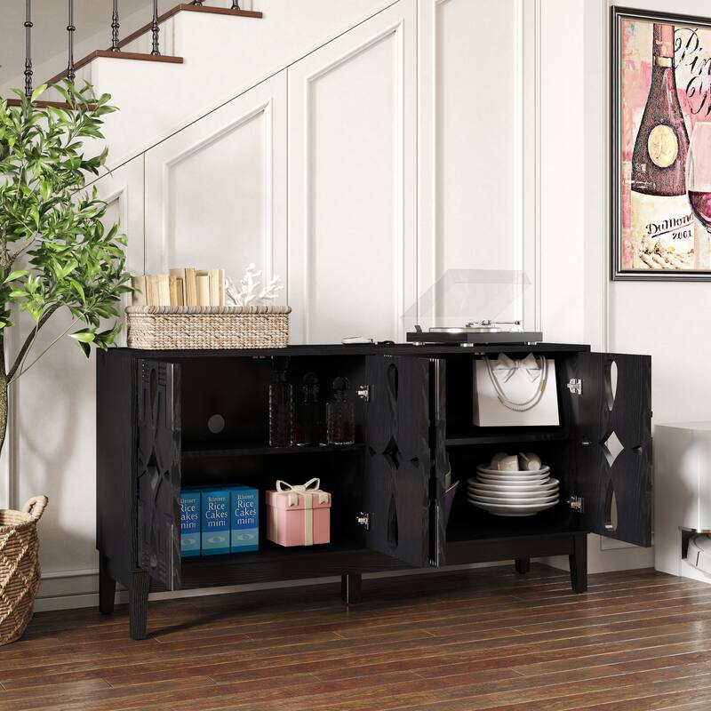 Hollow-Carved Accent Cabinet Sideboard Buffet Cabinet, 60.5" Entrance Storage Cabinet Media Console Table with 4 Doors