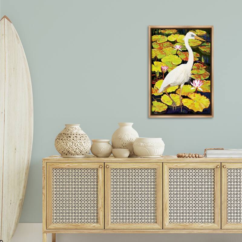 Stupell Stepping Bird on Lily Pads Framed Floater Canvas Wall Art Design By Rosiland Solomon