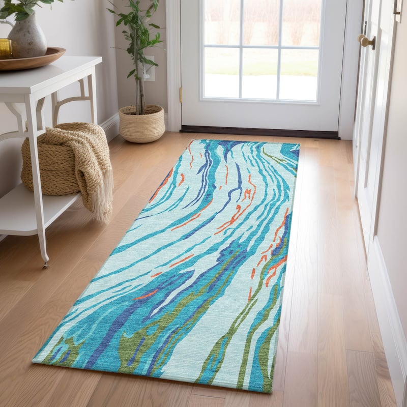 Machine Washable Indoor/ Outdoor Modern Wave Chantille Rug - Blue - 2'3" x 7'6"