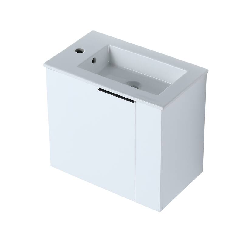Contemporary Bathroom Vanity with Ceramic Vessel Sink, Soft-Closing Doors, Matte Black Pull Handle - 22in L Plywood