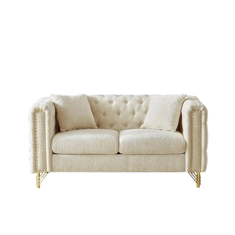 Chesterfield 60-Inch Chenille Sofa with Nailhead Trim and Metal Legs, Classic Button-Tufted Couch