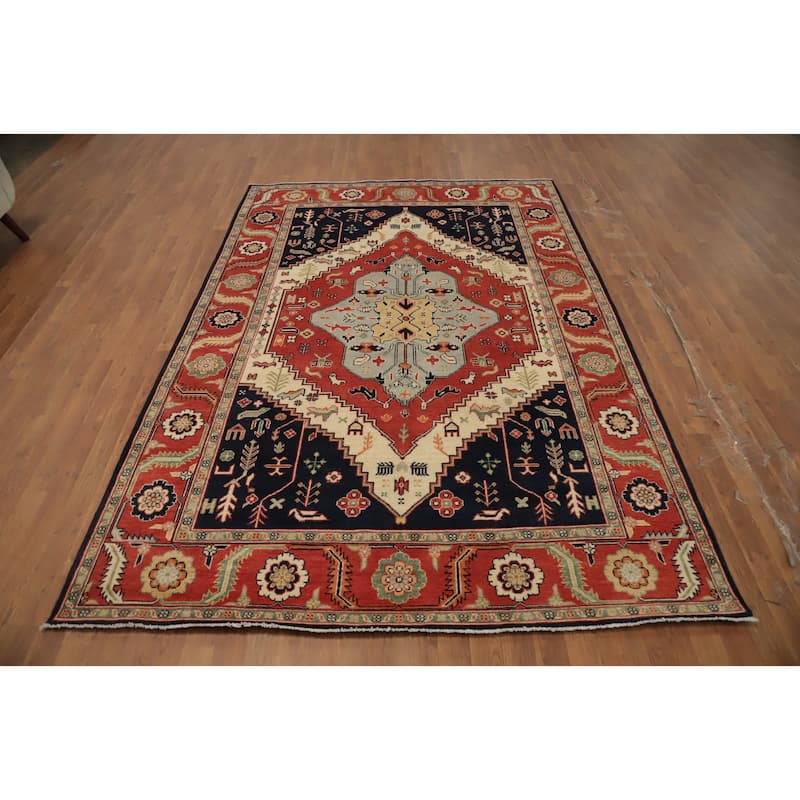 Hand Knotted Oriental 100% Wool Carpet Traditional Medallion Oranges & Rust Heriz (serapi) Area Rug - 8' 11'' X 6' 2''
