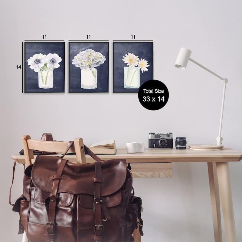 Stupell Farmhouse Flower Bouquets Navy Blue White Painting,3pc,3pc Multi Piece Framed Wall Art Set