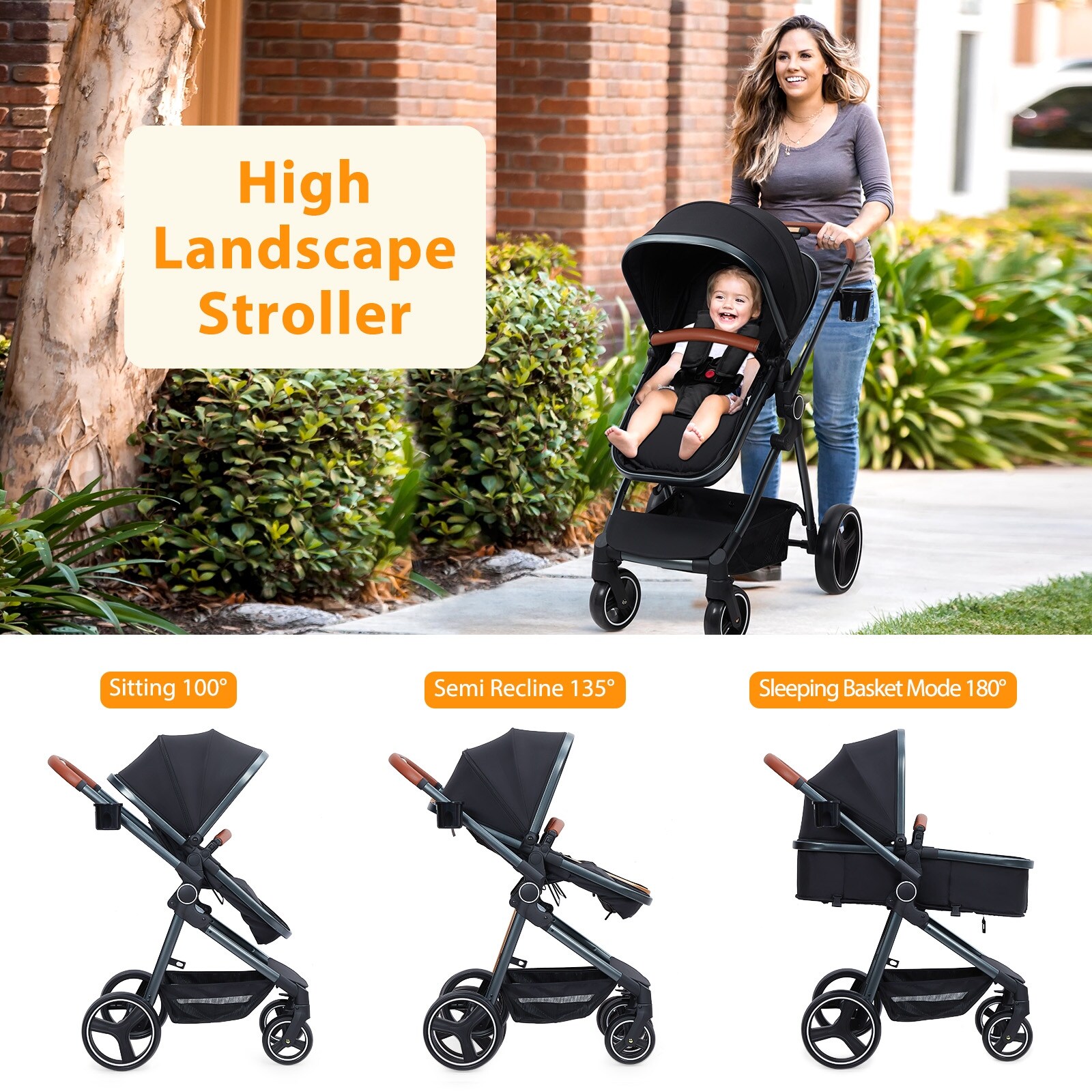 2-in-1 High Landscape Convertible Baby Stroller with 5-Point Harness and Large Storage Space