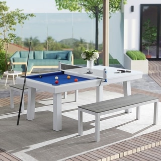 Laguna Indoor/Outdoor 7ft Slate Pool Table Dining Set with 2 Benches & Accessories, White Finish