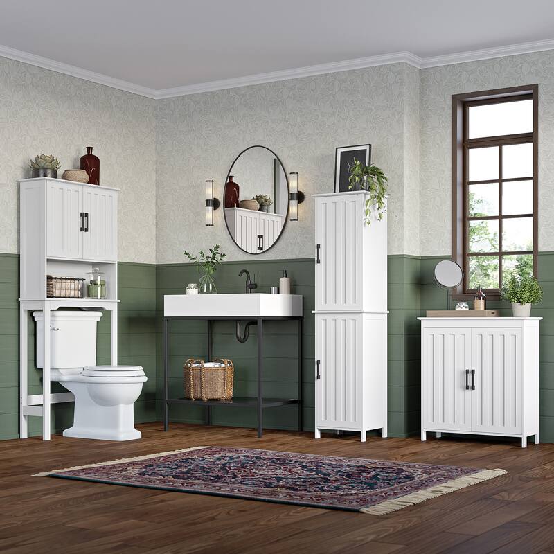 RiverRidge Monroe Tall Bathroom Storage Linen Cabinet and Organizer with Doors and Adjustable Shelves - White