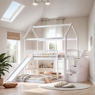 Twin Over Twin House Bunk Bed with Two Drawers and Slide, Grey