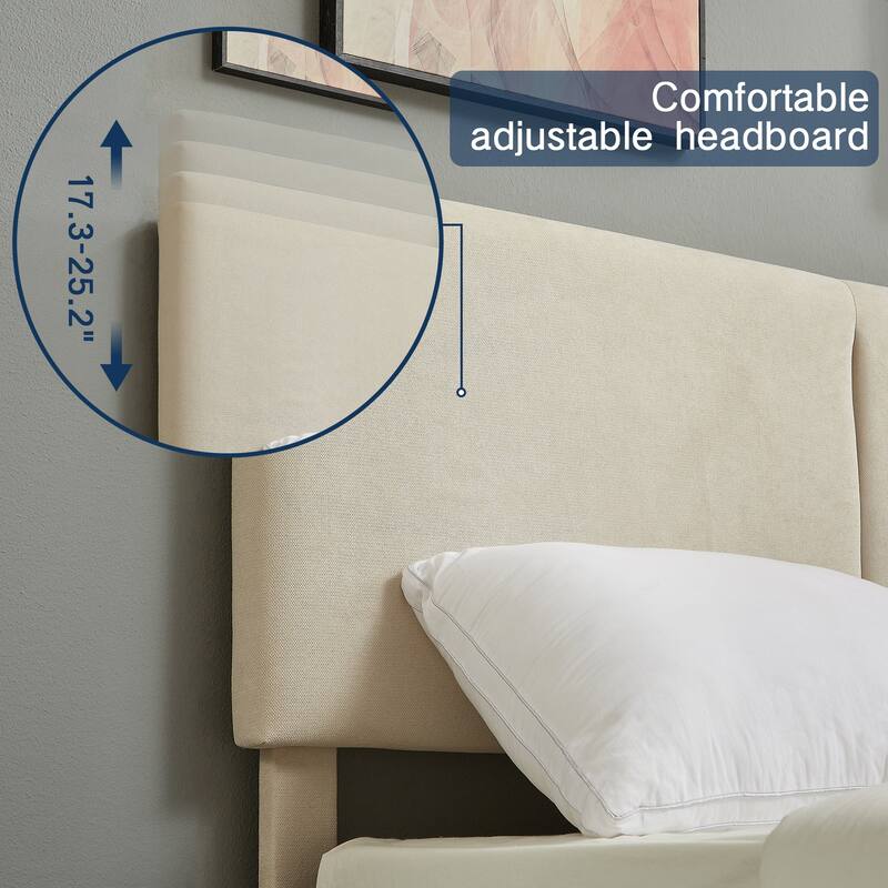 Javlergo Upholstered Bed Frame with Linen Fabric Adjustable Headboard, Strong Wood Slats Supports, No Box Spring Needed