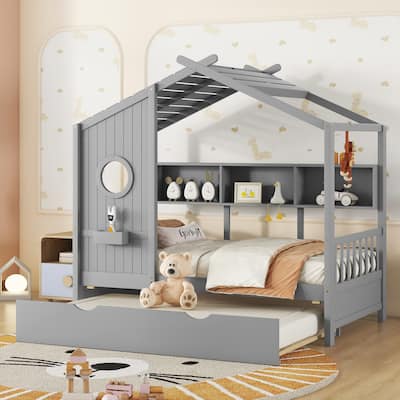 Roomfitters Wooden Twin Size House Bed with Trundle, Modern Platform Design, Functional Storage Shelf for Organizing Essentials