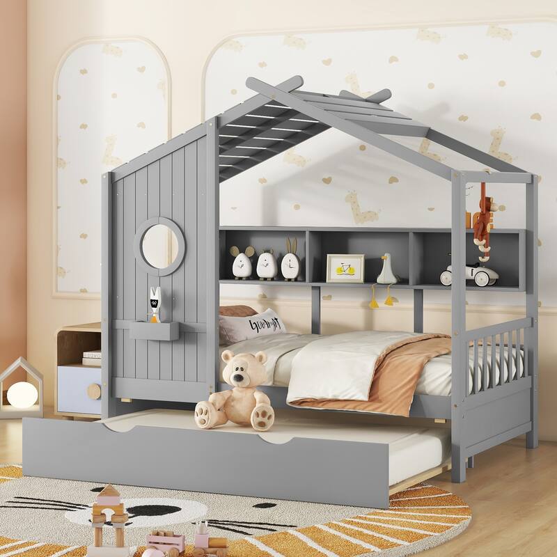 Wooden House Bed With Trundle,Modern Design for Kids with Storage Shlef