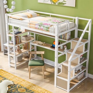 Twin Size Metal Loft Bed with Desk and Shelves, Space-Saving Design, White