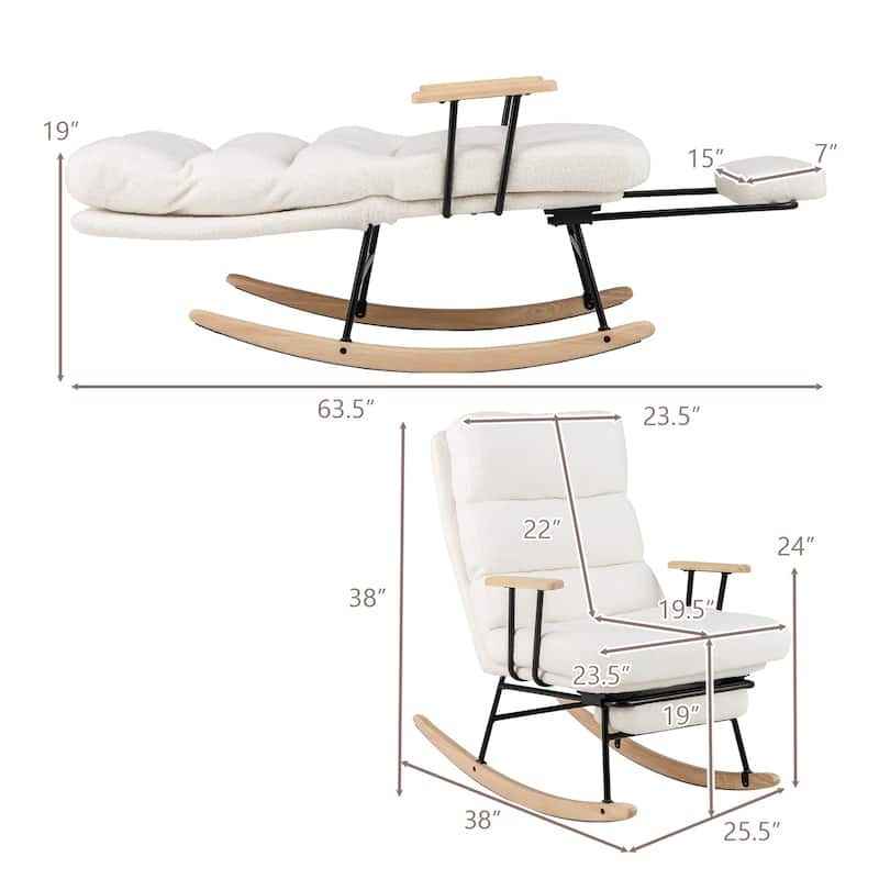 White Teddy Velvet Rubber Wood Rocking Chair with Adjustable Backrest and Footrest - 38" x 25.5" x 38"