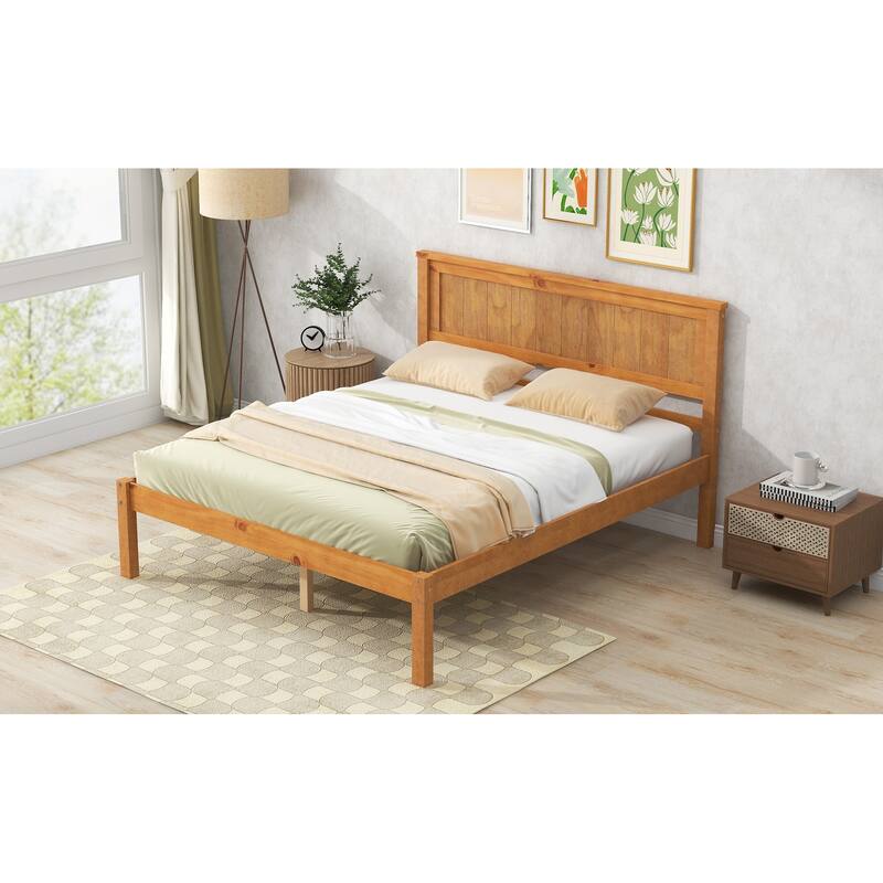 Brown Pine Wood Full Platform Bed Frame with Headboard: No Box Spring Needed, Wood Slat Support, Under-Bed Storage