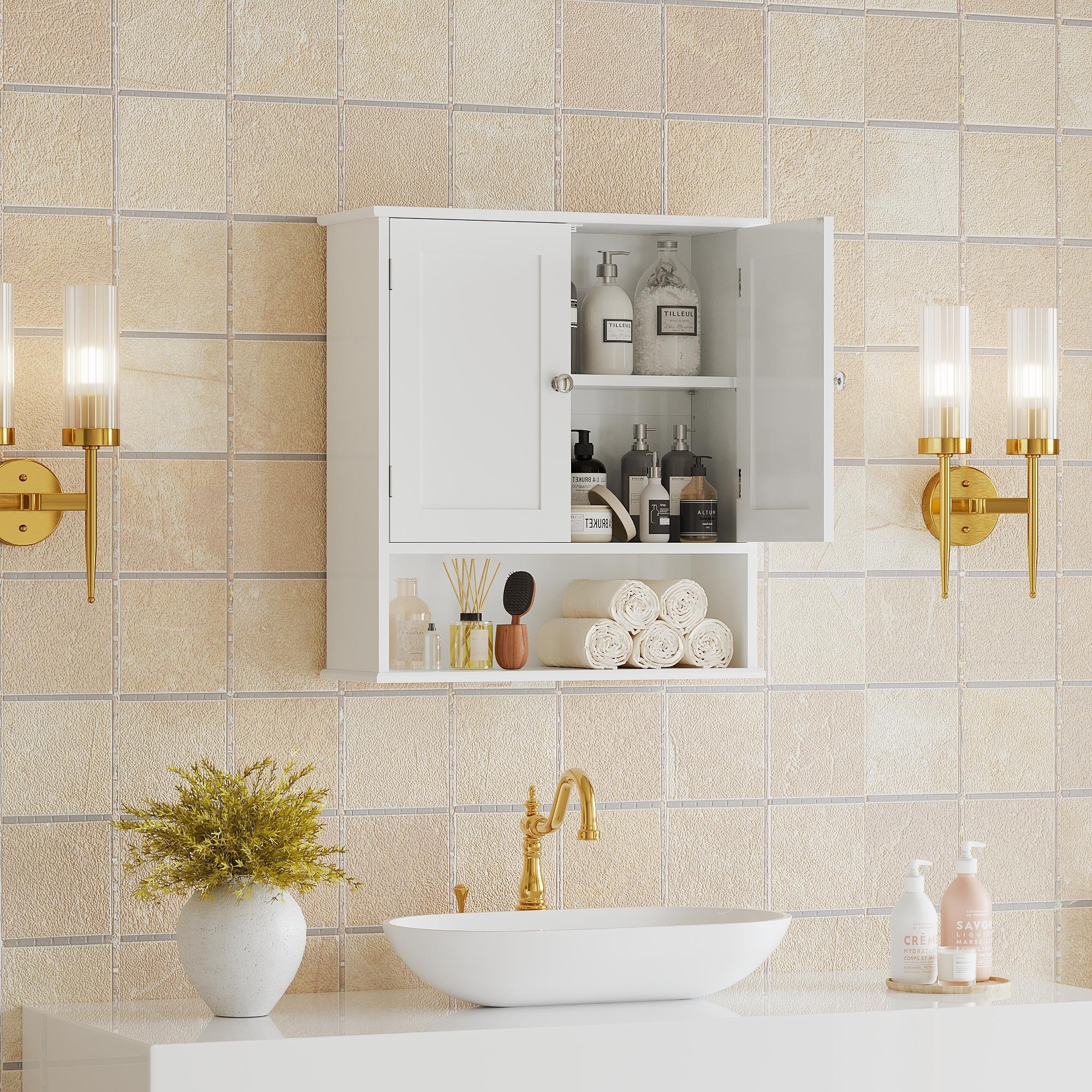 Bathroom Wall Cabinet with Door, Over Toilet Storage Cabinet with and Adjustable Shelves, 3-Tier Medicine Cabinet Wall Mounted